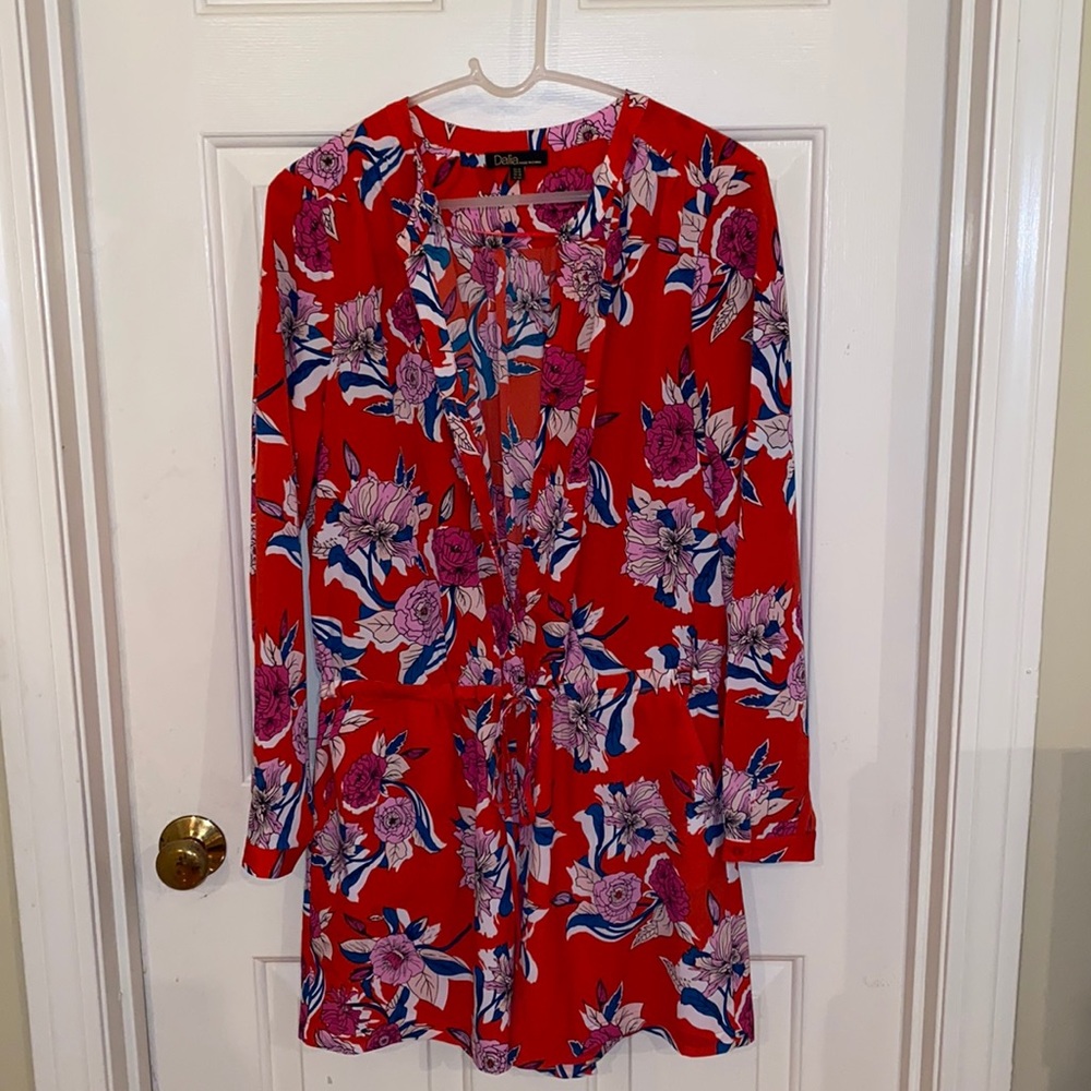 Red Floral Romper, Size 10